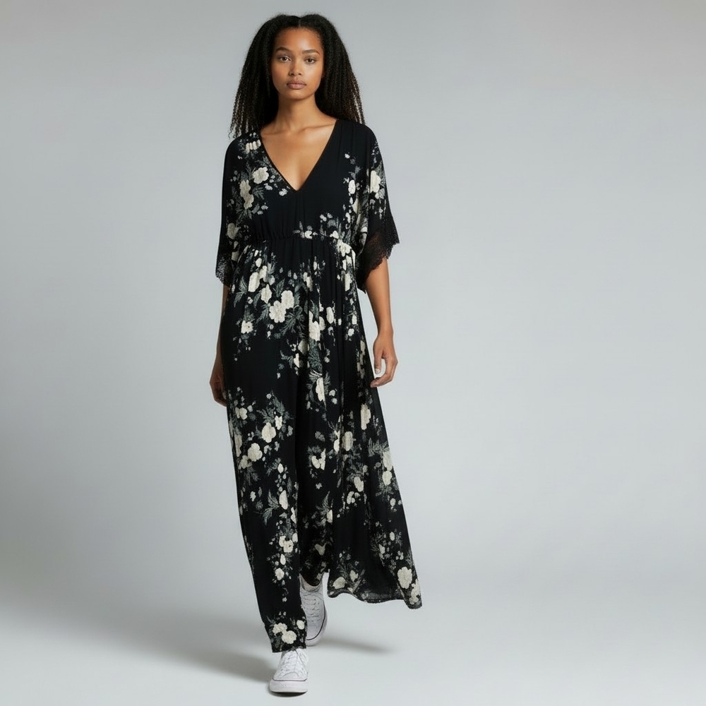 Johnny Was Love Emiko Dress Black Silk Floral Foliage Kimono Flowy Maxi Lace XS